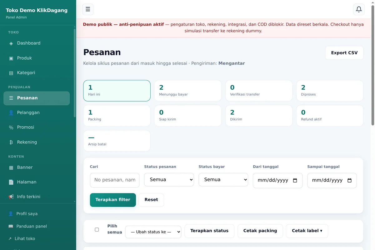 Panel admin KlikDagang — kelola pesanan