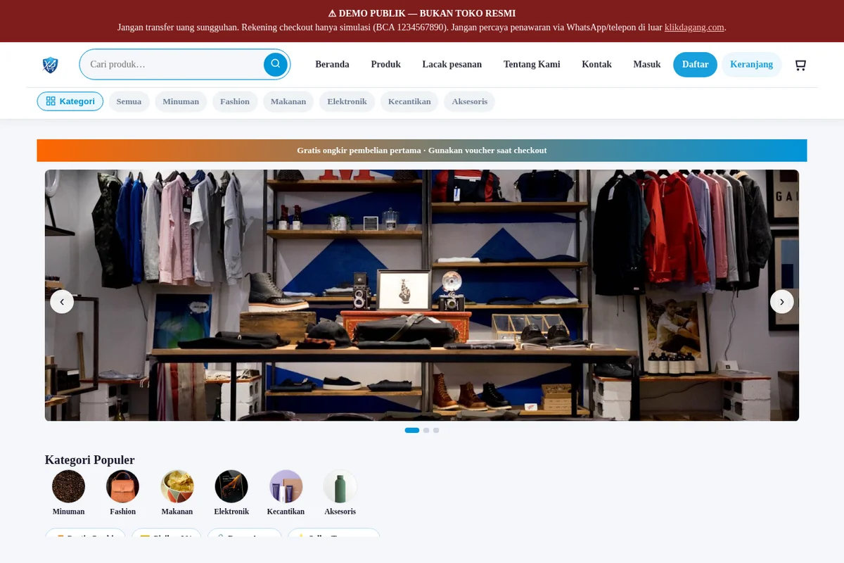 Tampilan toko online KlikDagang di desktop