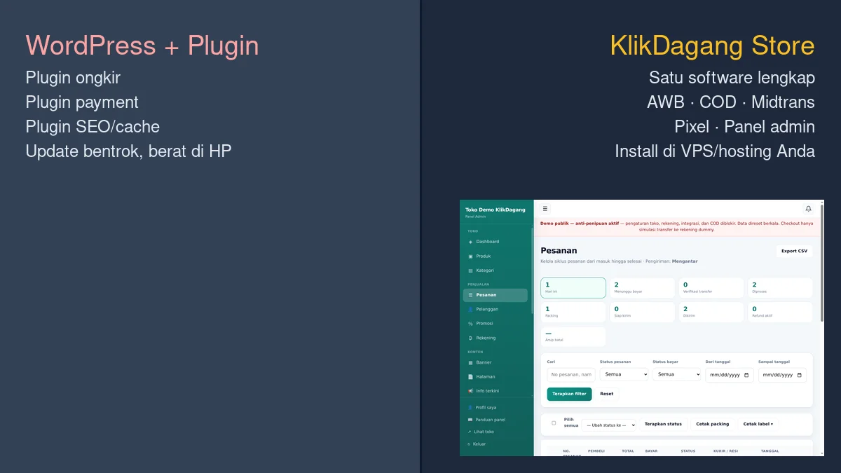 WordPress banyak plugin vs KlikDagang satu paket